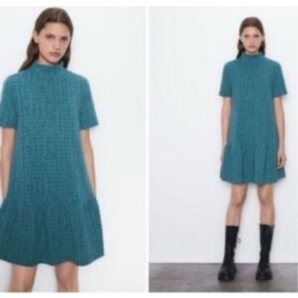 ZARA textured blue green mock turtleneck skater dress fit flare Sz M textured